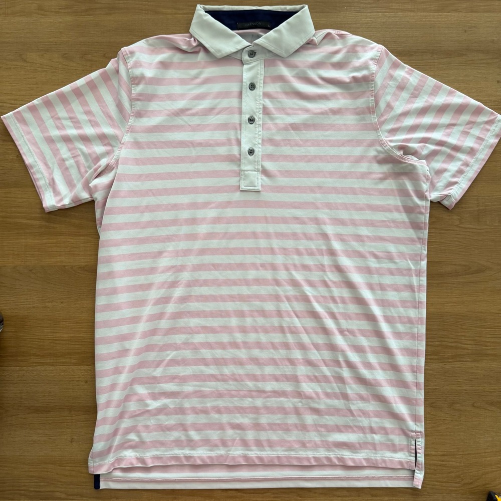 Greyson Mens Pink White Striped Golf Polo Shirt Size Large Wolf Logo Performance